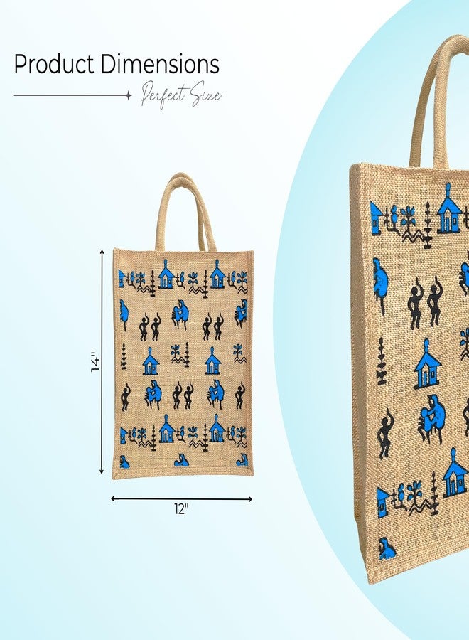 Mispacio Jute Lunch Bag with Tribal Print | Strong Zipper Closure, Eco-Friendly Blue & Black Tote for Office, School, Picnic, Shopping & Travel | Large Tiffin Bag | 12" x 14" x 5" | Pack of 1 - Image 3